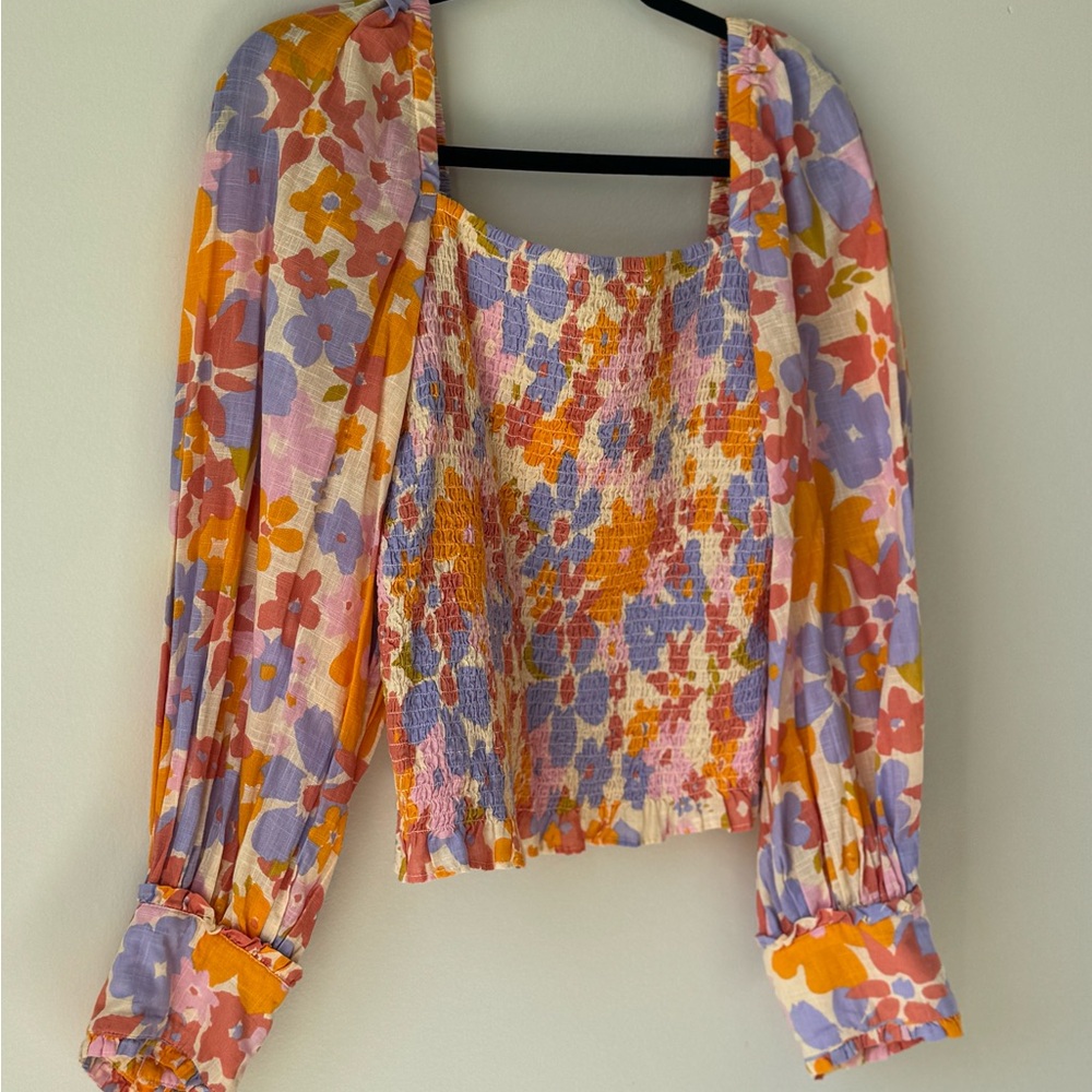 Free People Size Large Floral Smocked Top Cotton Balloon Sleeve Orange Blue Pink - Picture 5 of 16